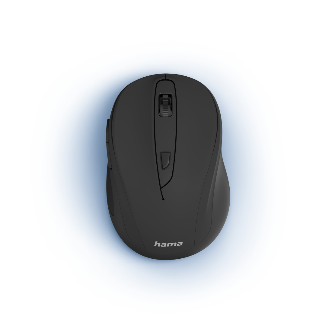 Mouse per computer nero su sfondo bianco con alone blu. Ha una rotella e dei pulsanti.