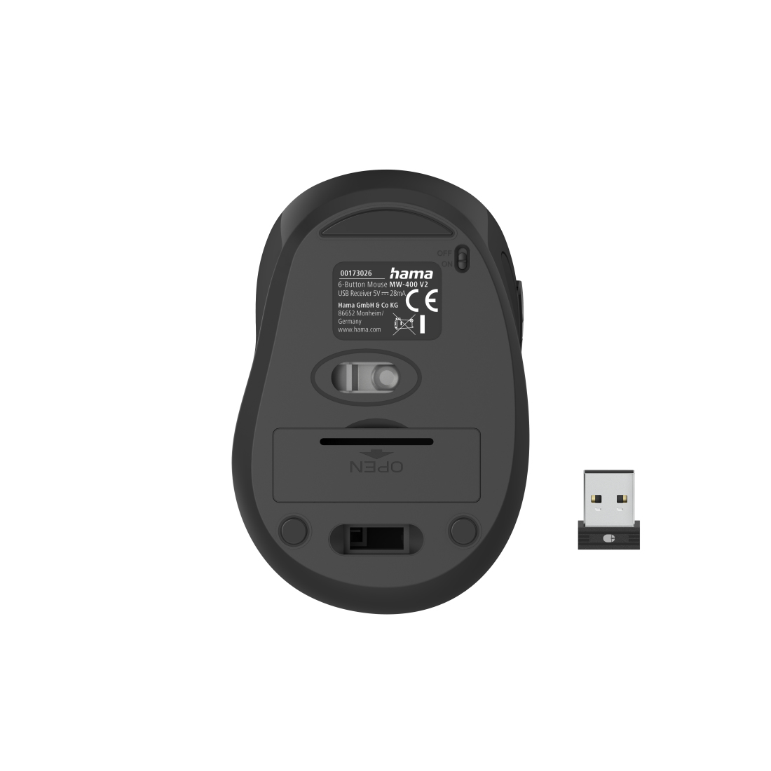 Parte inferiore del mouse nero. Etichetta informativa e vano batteria visibili.