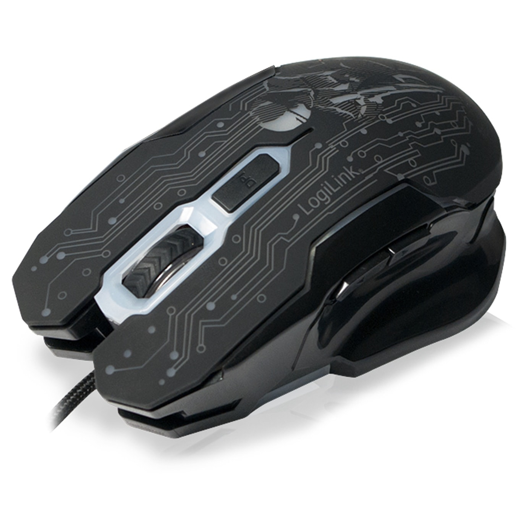 Zwarte LogiLink muis met circuitontwerp. Heeft een scrollwiel en knoppen.
