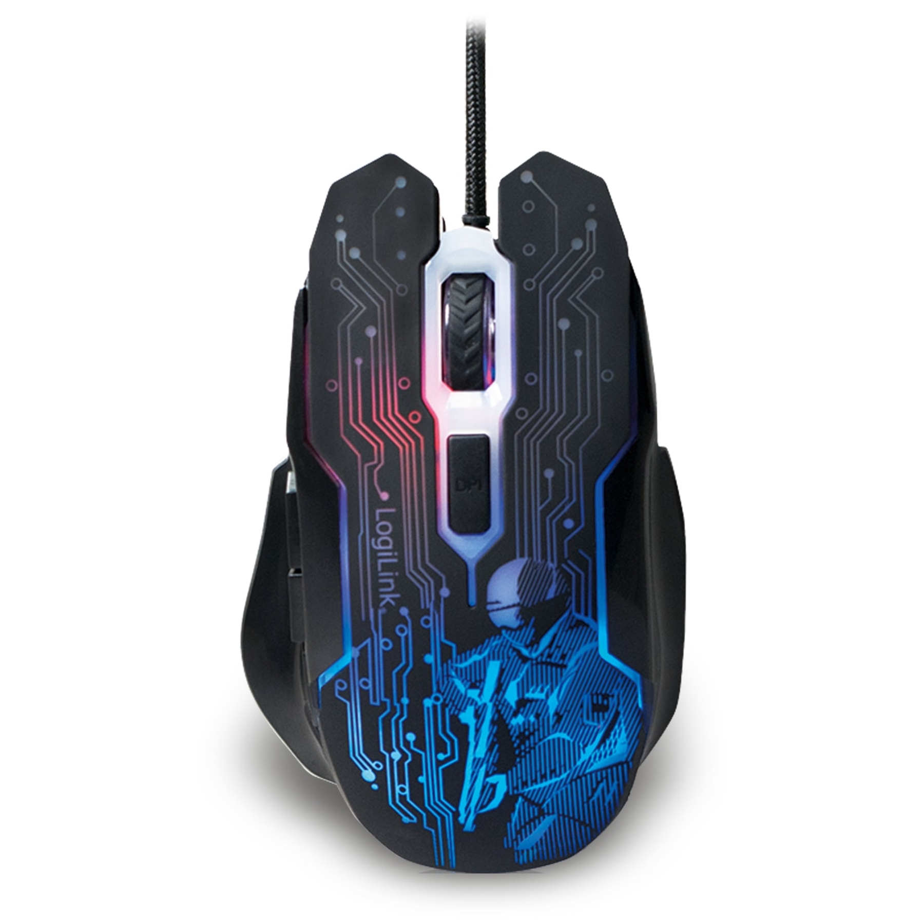 Zwarte gamingmuis met verlicht ontwerp en soldatengrafiek. Witte achtergrond.