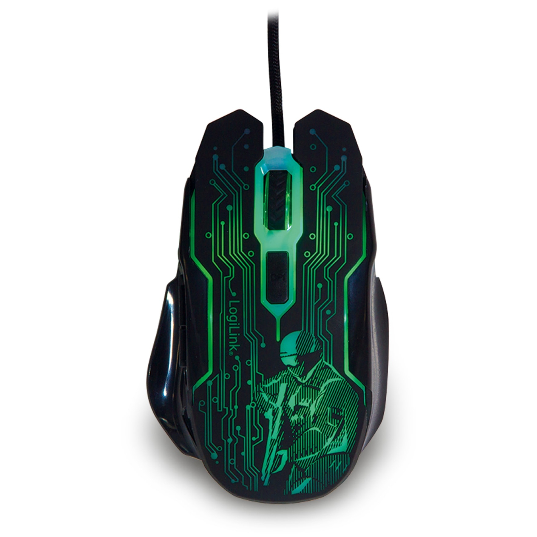 Zwarte gamingmuis met groen printplaatontwerp, blauw-groen licht en logo.