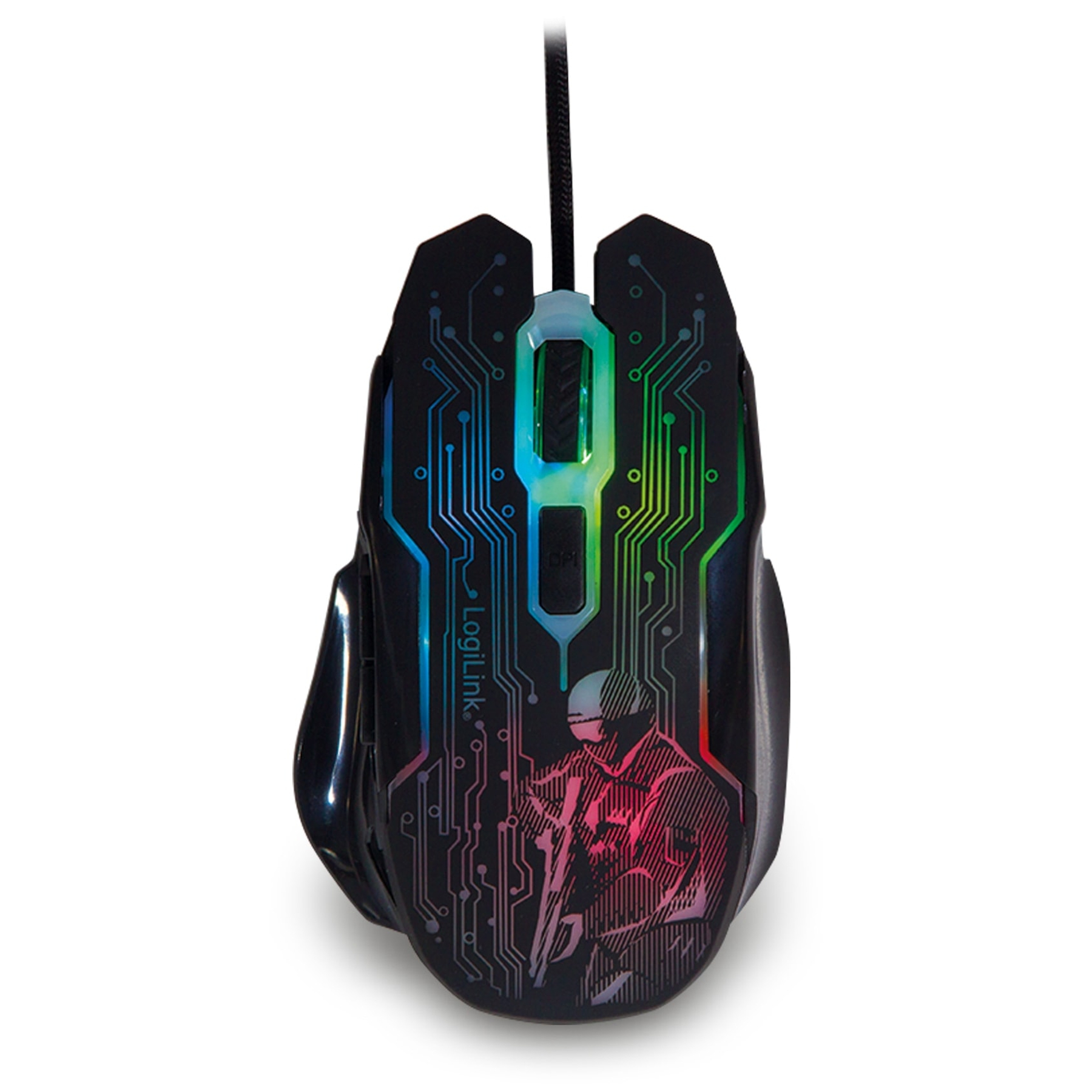 Zwarte gamingmuis met kleurrijke lichten, met een printplaatontwerp.