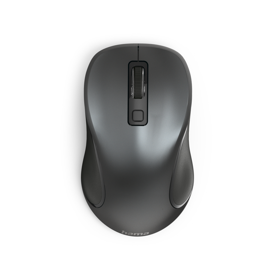 Un mouse per computer grigio scuro su sfondo bianco, con rotella e pulsanti.