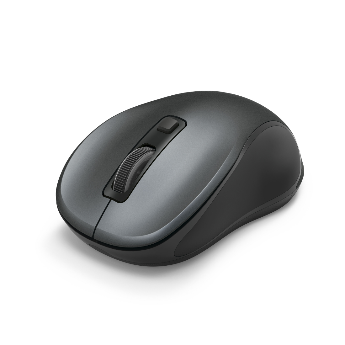 Mouse wireless grigio con rotella e pulsante.
