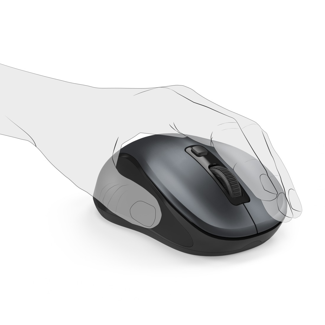 Mano che tiene un mouse grigio scuro. La mano è un contorno trasparente.