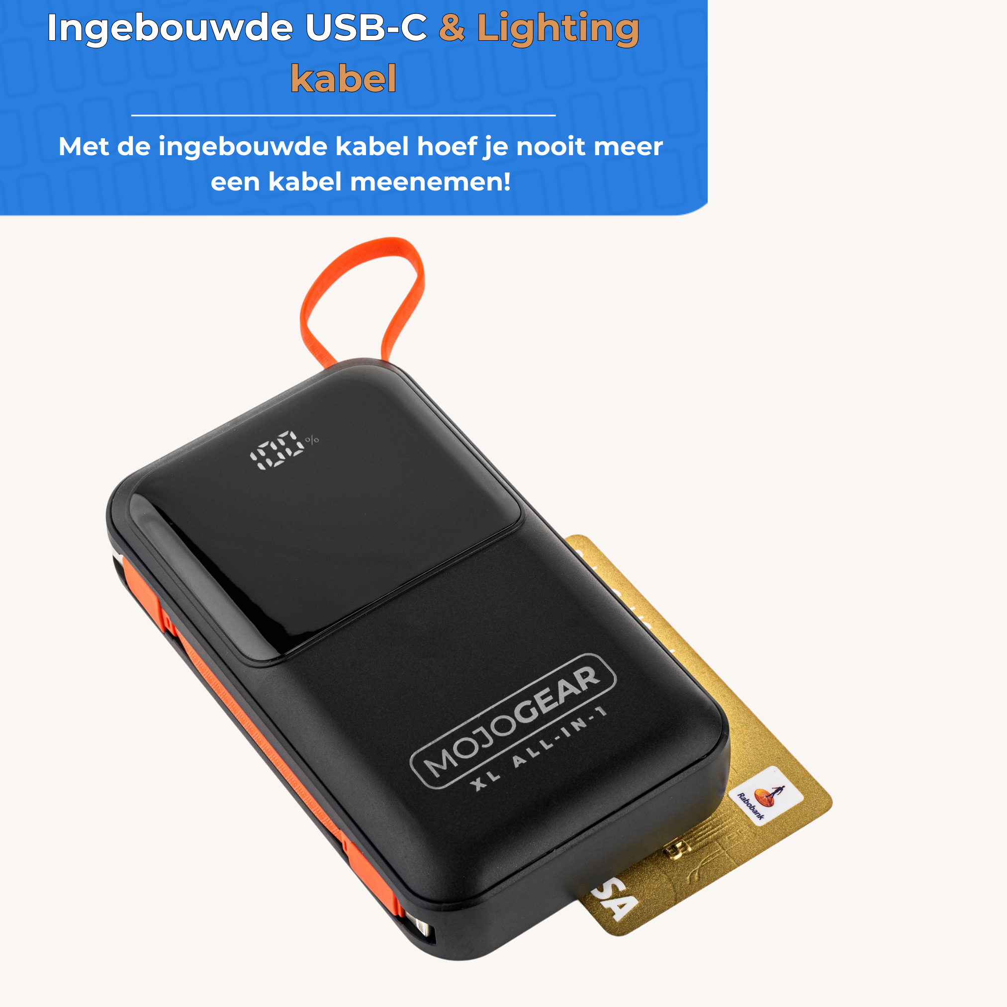 Zwarte en oranje powerbank met scherm, creditcard en tekst over ingebouwde kabel.