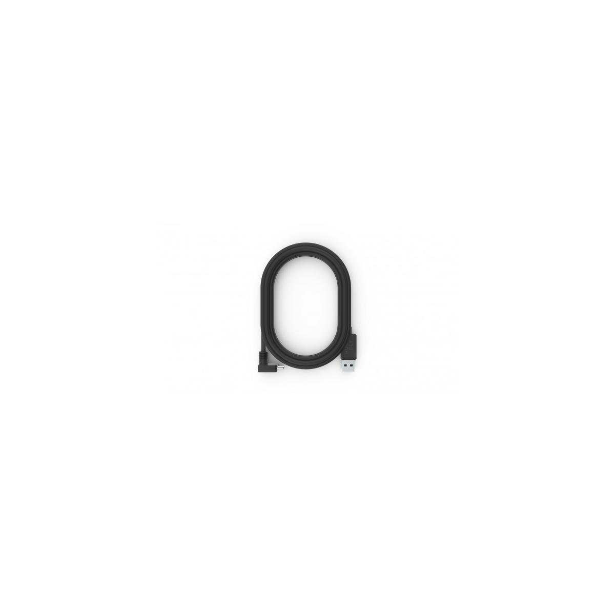 Cavo USB nero con connettore ad angolo retto. Semplice, su sfondo bianco.