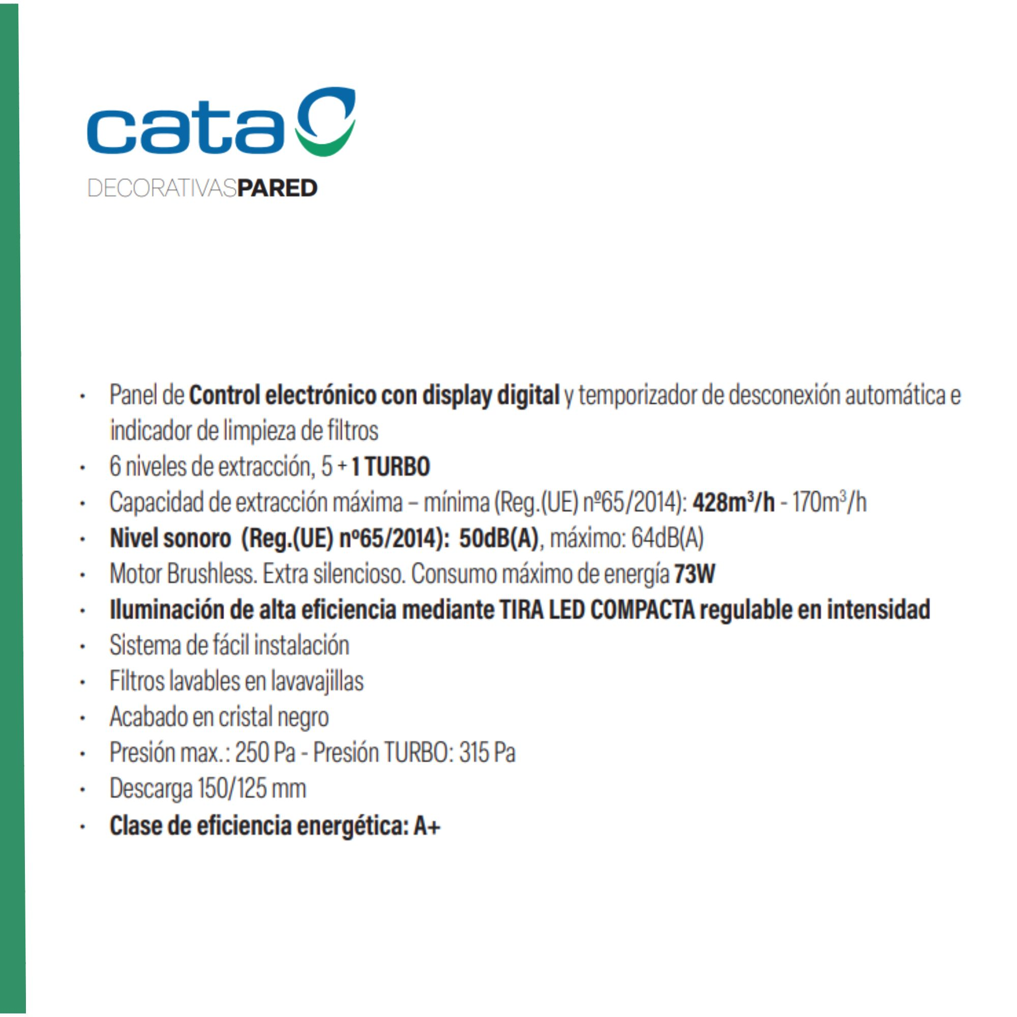 Texto con especificaciones del producto. Panel control electrónico, niveles extracción, nivel ruido, luz LED, etc.