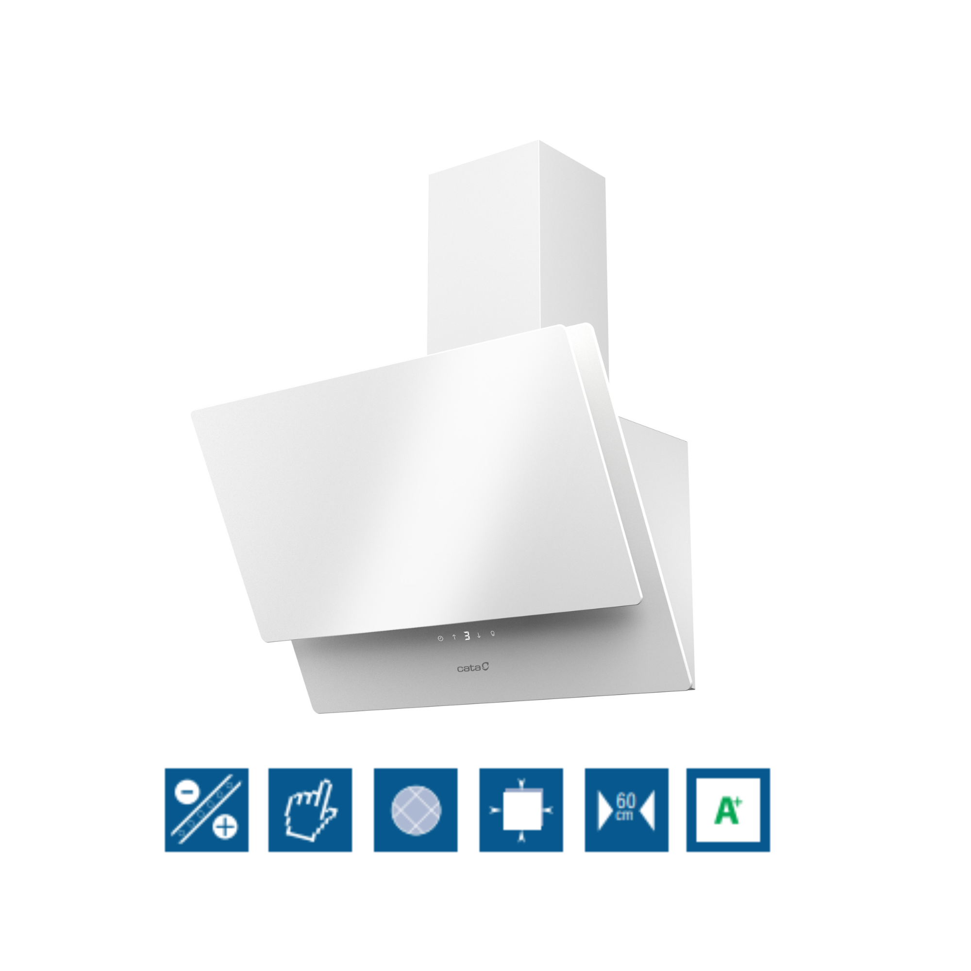 Campana extractora blanca con panel de control e iconos. Tiene una clasificación energética A+.