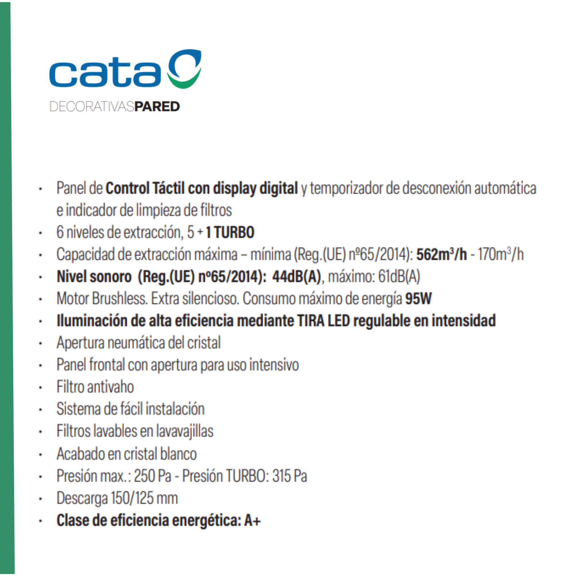 Un papel con texto en español sobre un producto Cata, incluyendo características.