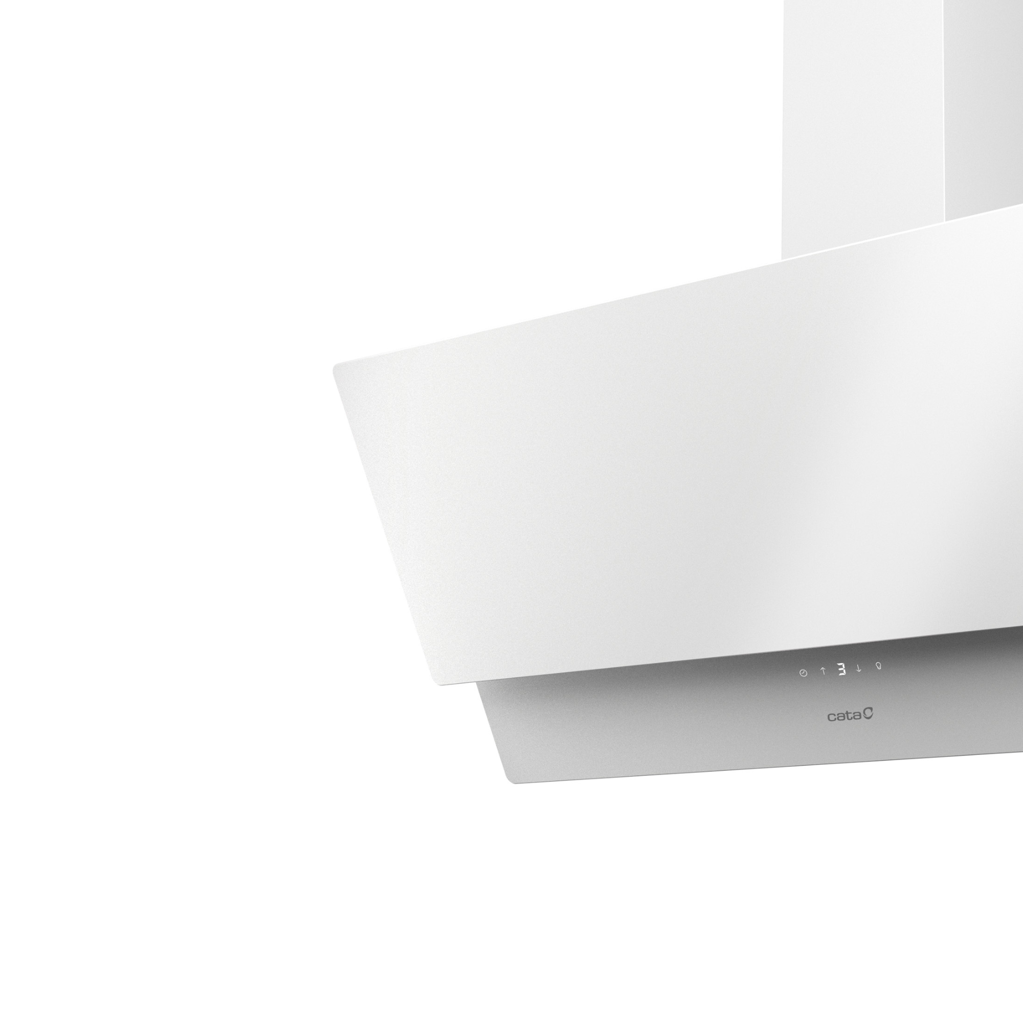 Campana extractora blanca con base plateada, fondo blanco.