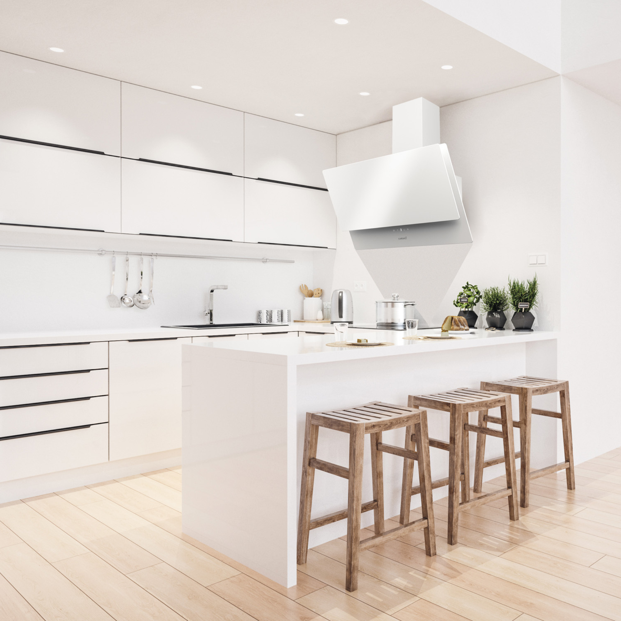 Cocina blanca moderna con isla y taburetes. Suelo de madera y armarios blancos, iluminación brillante.