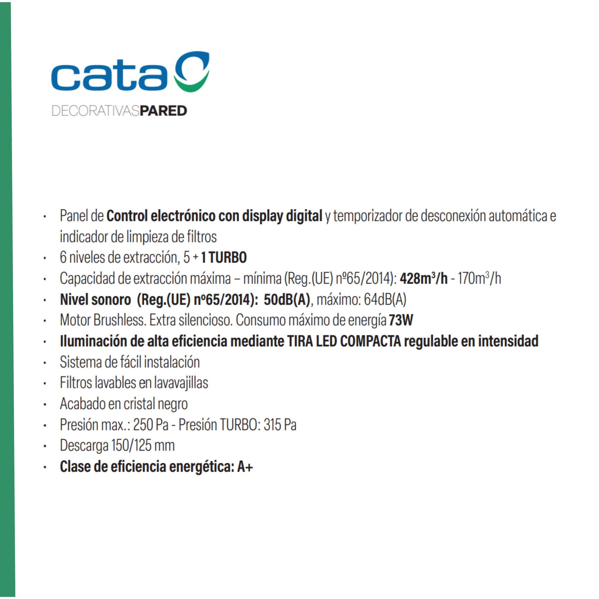 Descripción del producto con texto sobre panel de control electrónico y eficiencia energética.