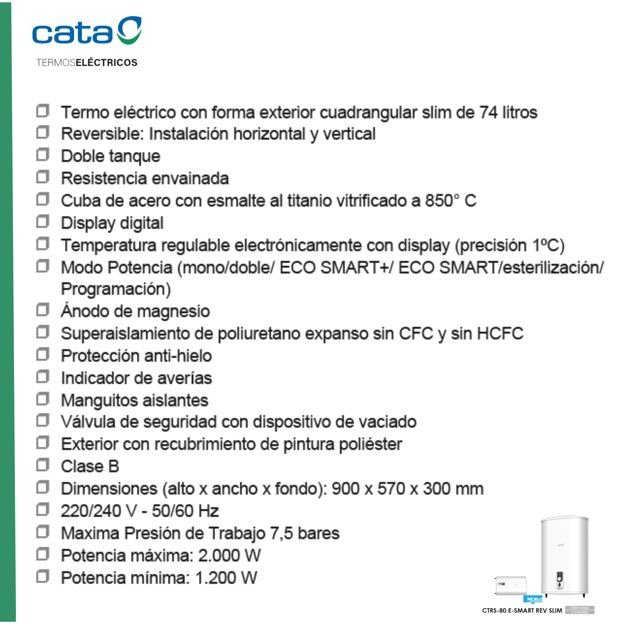 Texto con detalles del producto. Calentador de agua eléctrico con descripciones de características y especificaciones.