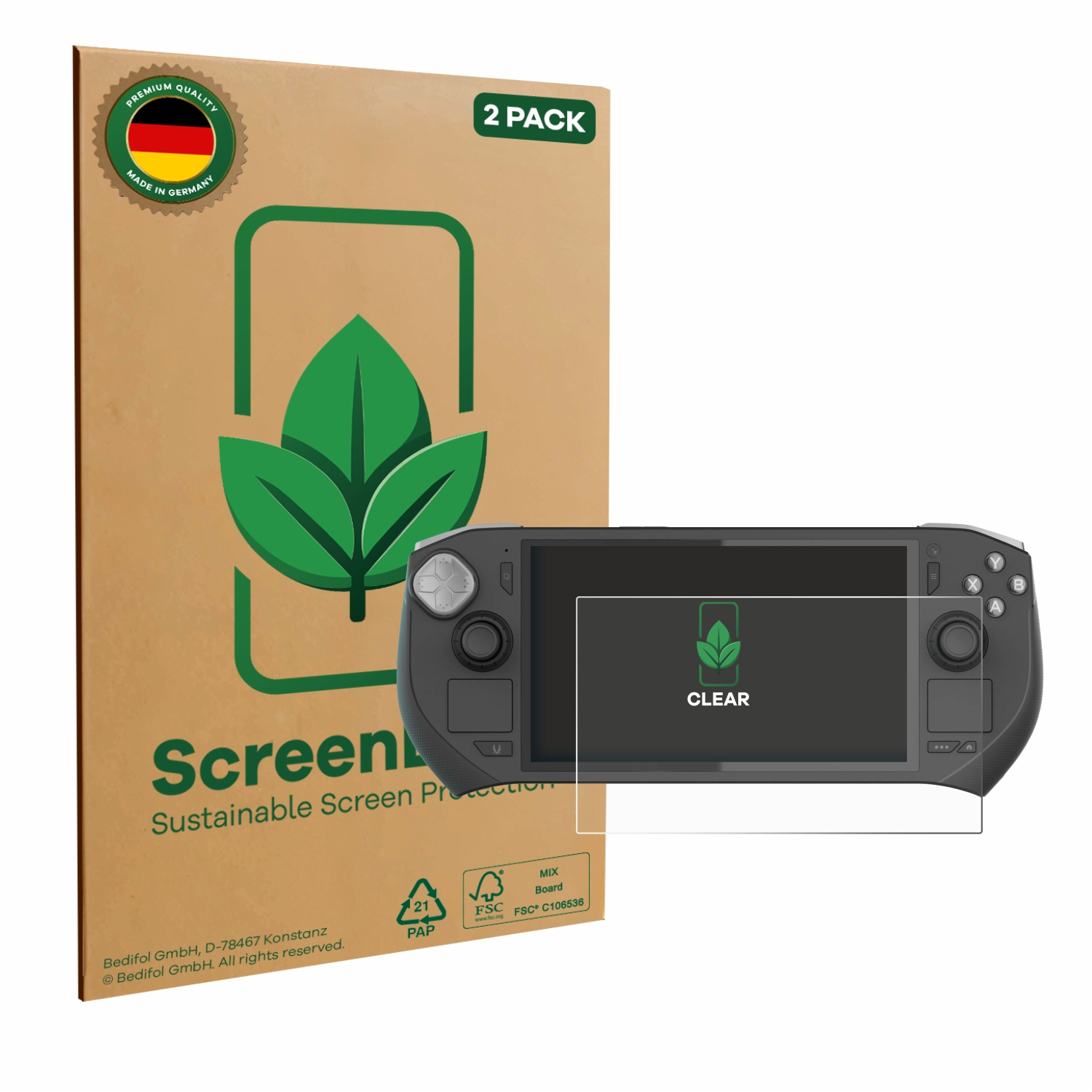 Ein Displayschutz für die Spielekonsole und eine Spielekonsole liegen auf dem Tisch. Der Schutz ist klar.
