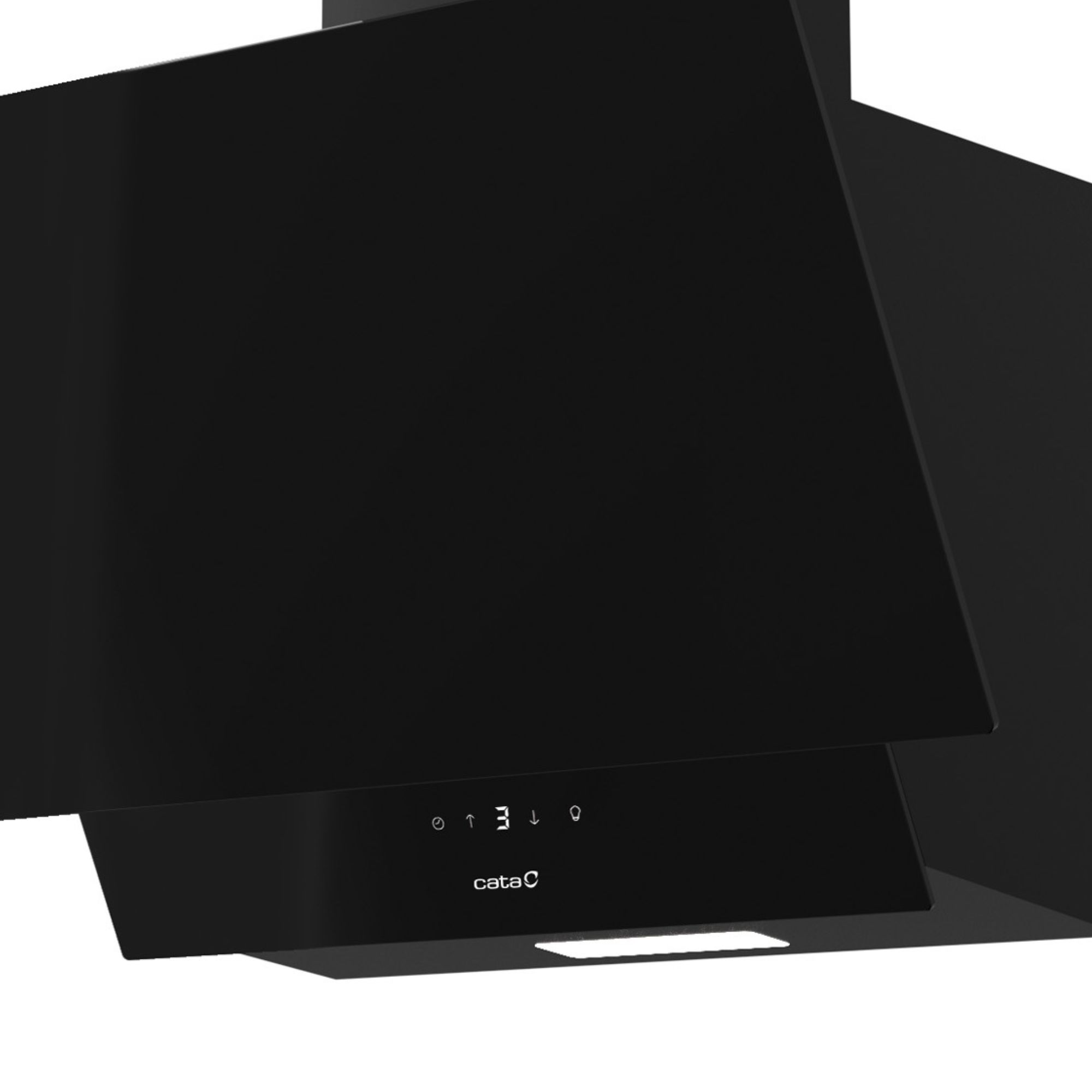 Una campana extractora negra con un panel frontal curvo y un panel de control con tres botones.