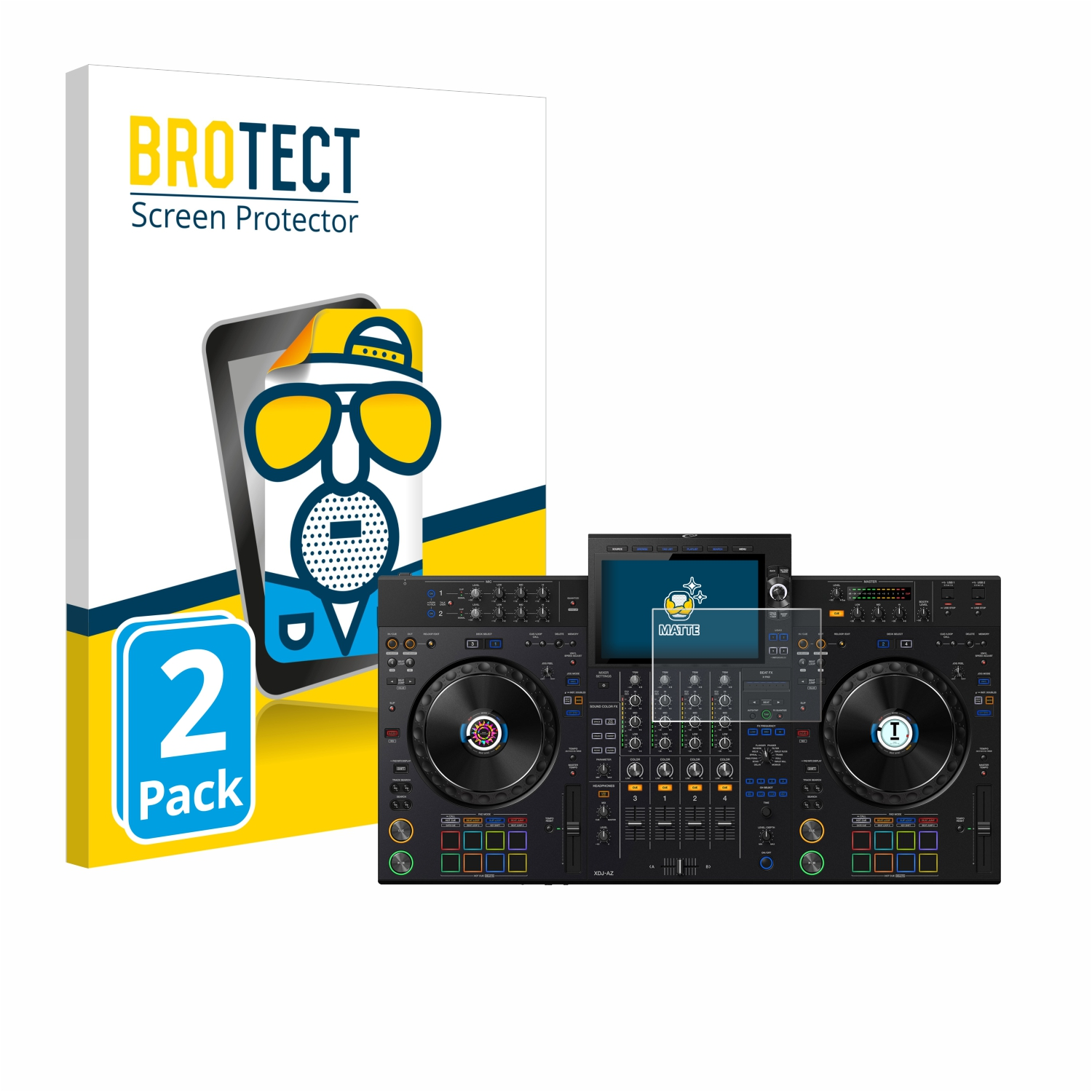 Eine Schachtel mit Displayschutzfolie und ein DJ-Controller mit Schutzfolien.