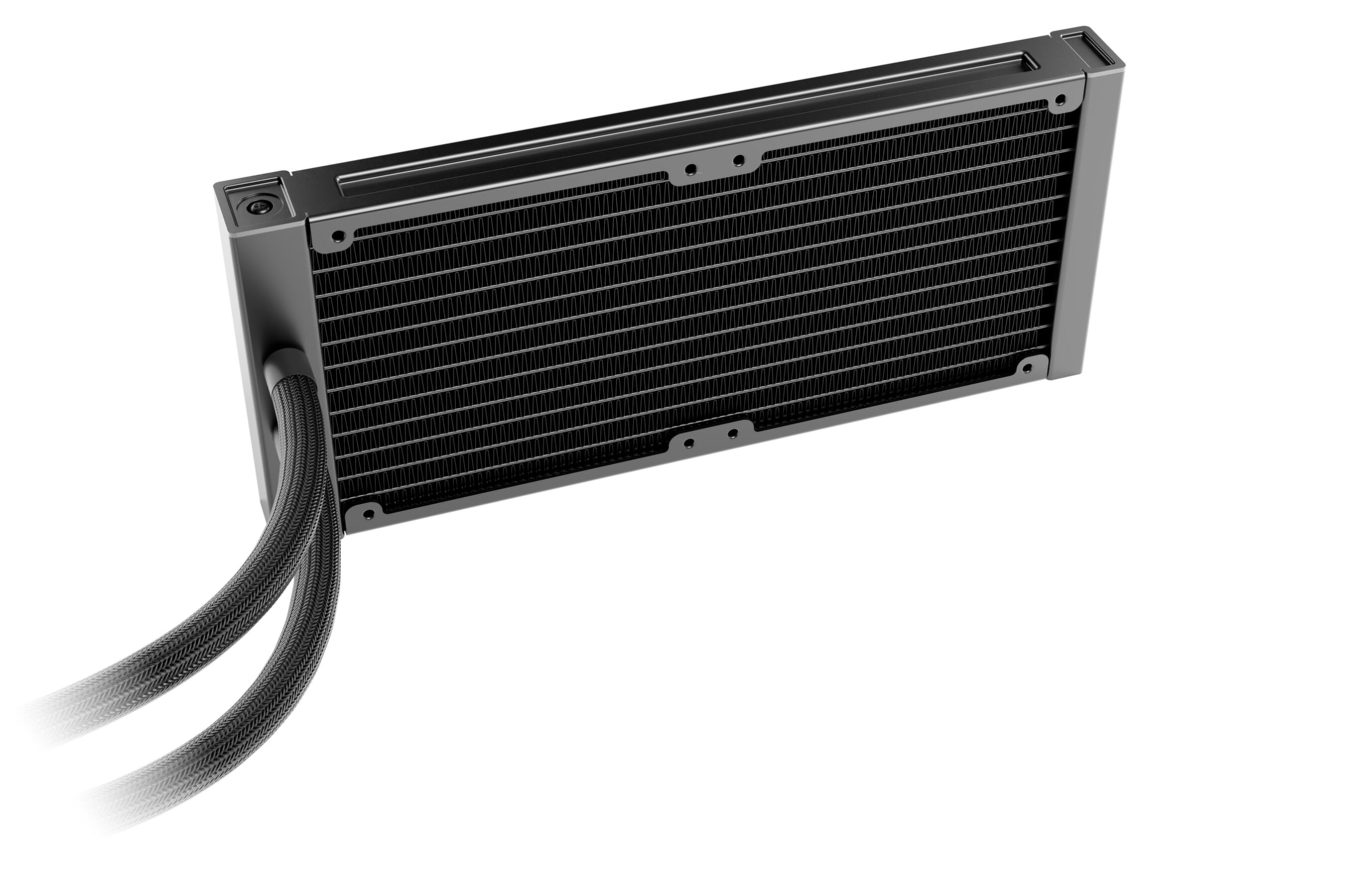 Czarny prostokątny radiator z dwiema rurami. Białe tło. Grzejnik jest na środku.