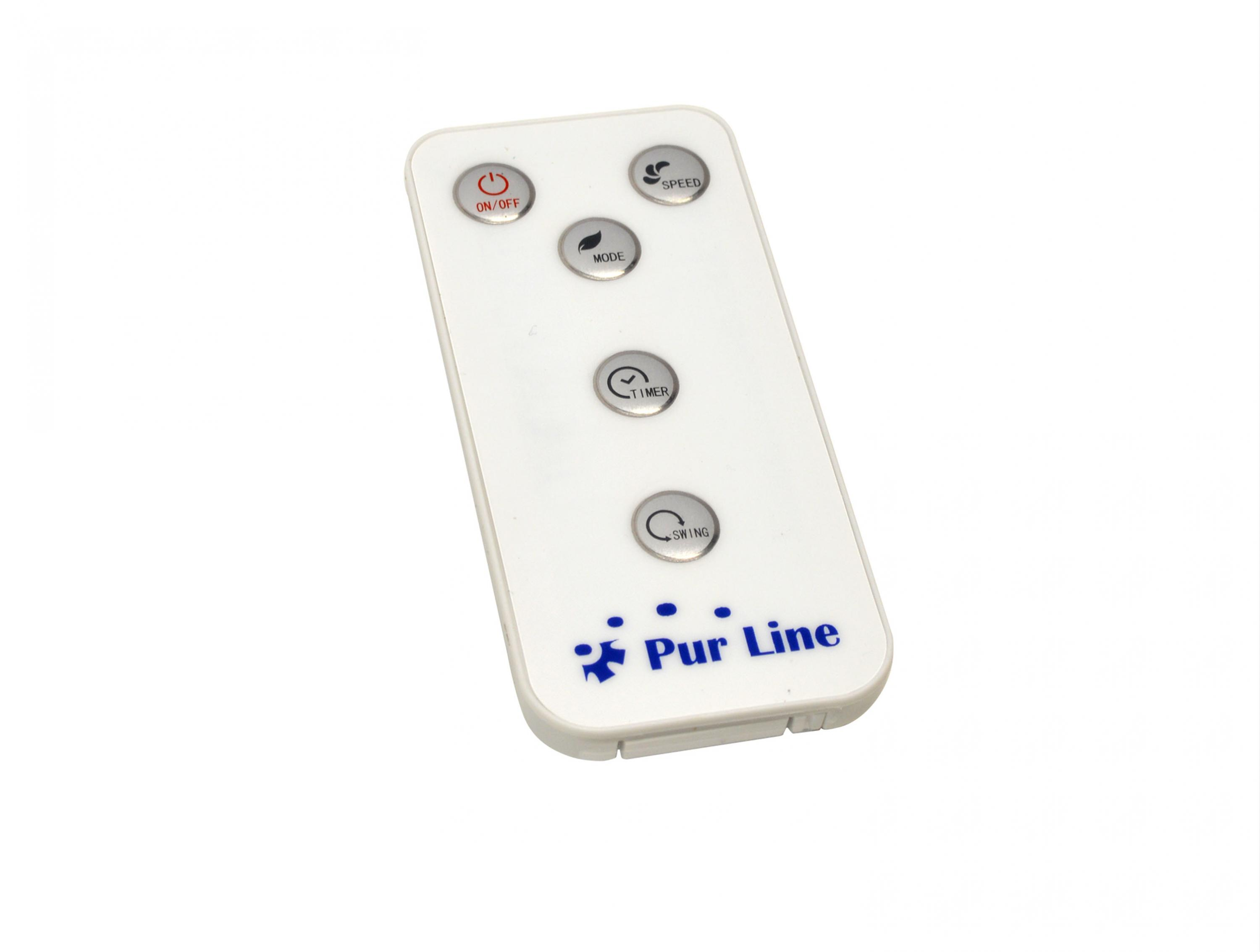 Biały pilot Pur Line z przyciskami włącz/wyłącz, tryb, prędkość, timer i swing. Białe tło.