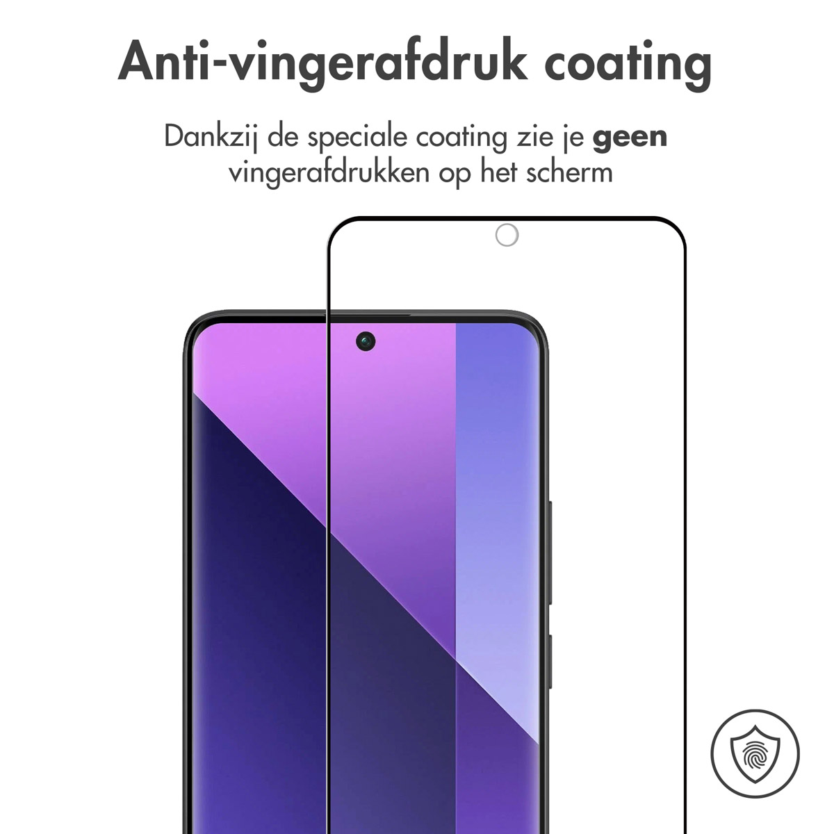 Phone with screen protector. Text about anti-fingerprint coating.