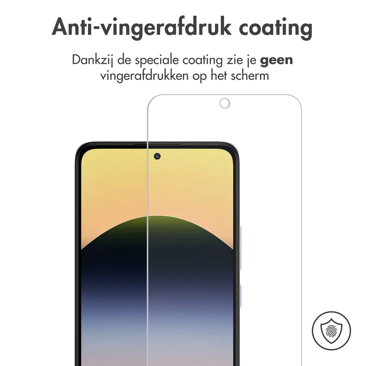 Een telefoonscherm met een screenprotector. Tekst: Anti-vingerafdruk coating.