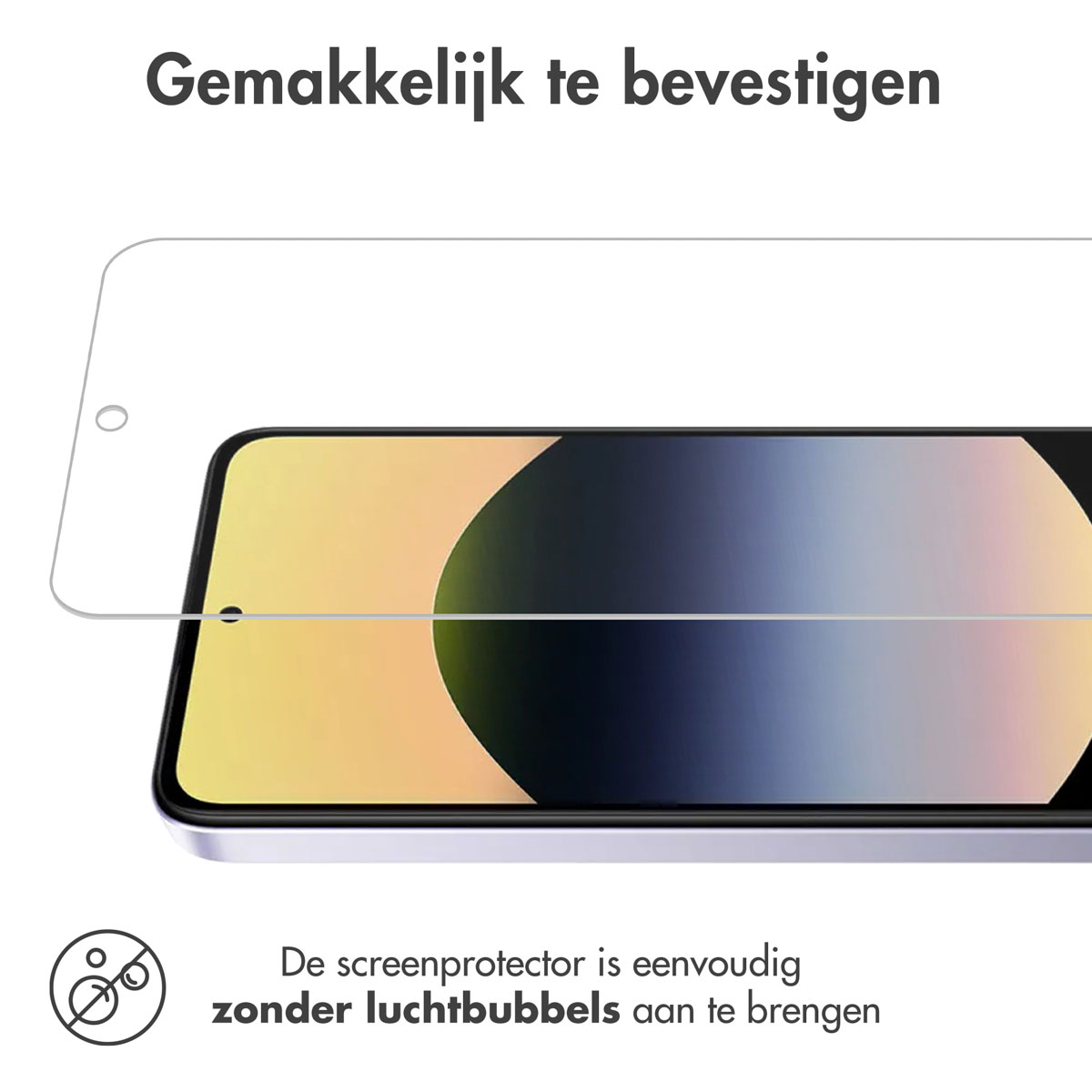 Een schermbeschermer voor de telefoon wordt getoond op een telefoon, met tekst over eenvoudige installatie en geen luchtbellen.