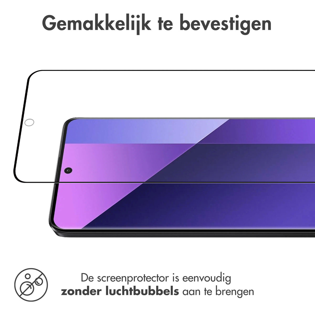 A phone screen protector with text in Dutch and a phone in the background.