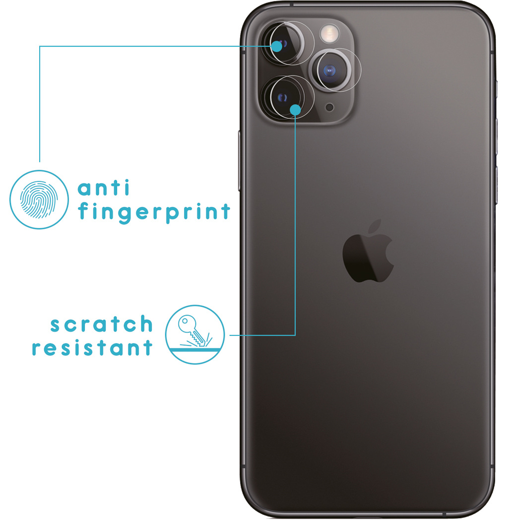 Arrière d'un téléphone noir avec protecteurs d'appareil photo. Caractéristiques : anti-empreintes, résistant aux rayures.