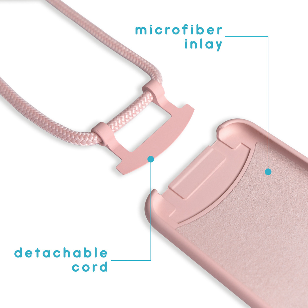 Coque de téléphone rose avec cordon détachable et incrustation en microfibre, le texte montre les caractéristiques.