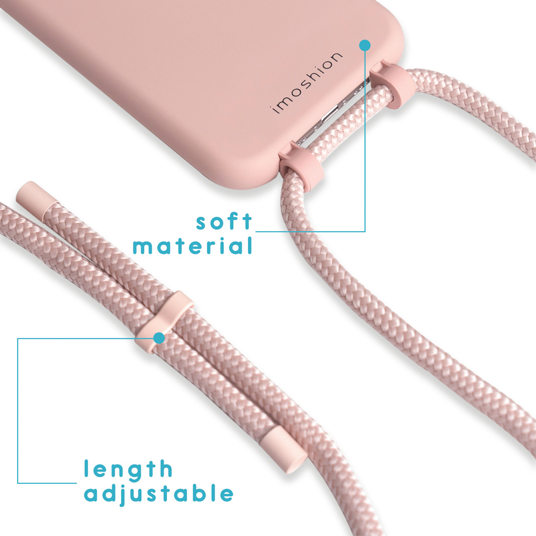 Gros plan d'une coque de téléphone rose avec un cordon rose assorti, longueur réglable.