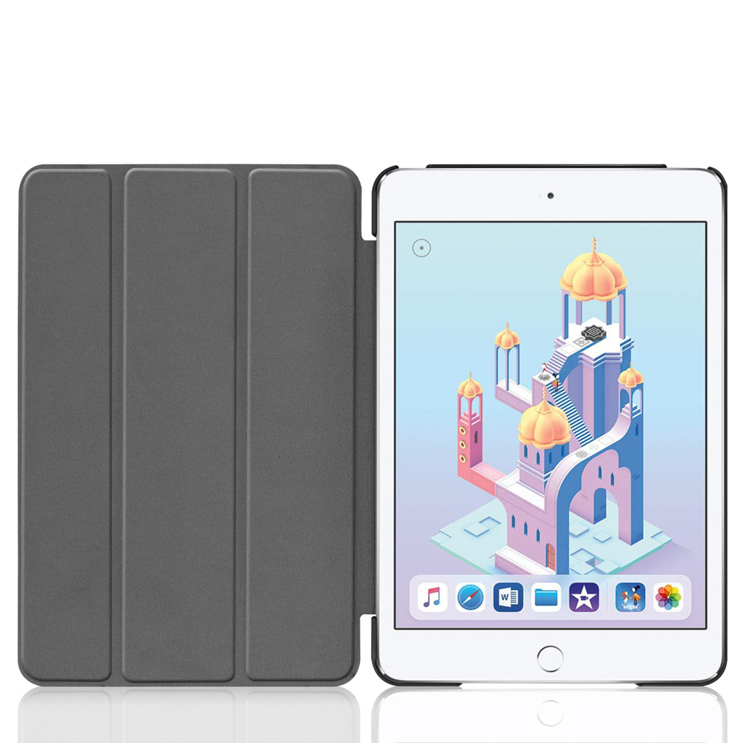 An iPad with a case open to reveal the screen. It displays a colorful building scene.