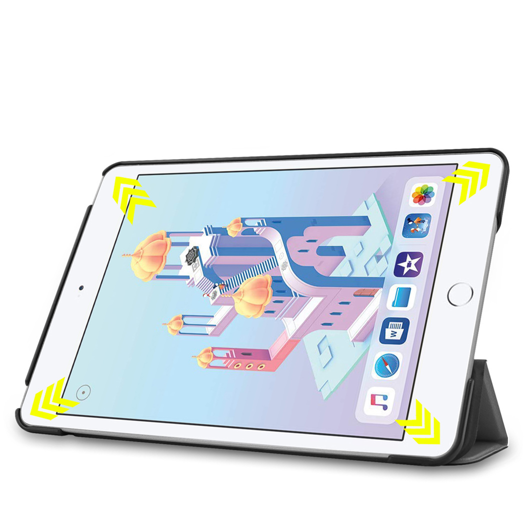 Tablet with case, showing a cartoon cityscape on the screen. Black case with yellow arrows.