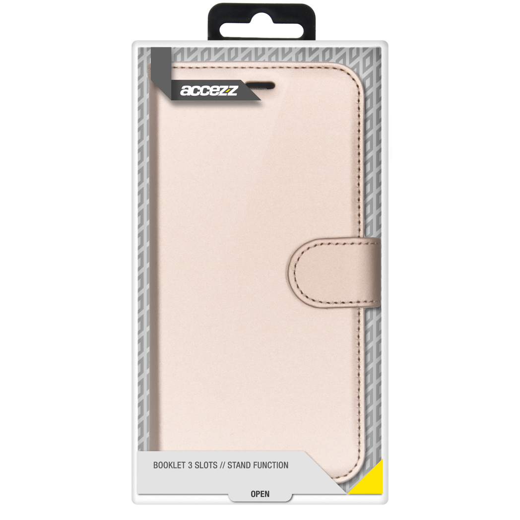 Gesloten telefoonhoesje in een doos, lichtroze kleur met een zwart handvat.