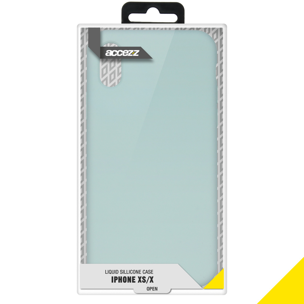 Hellblaue Flüssigsilikon-iPhone XS/X-Hülle in einer weiß-gelben Box.
