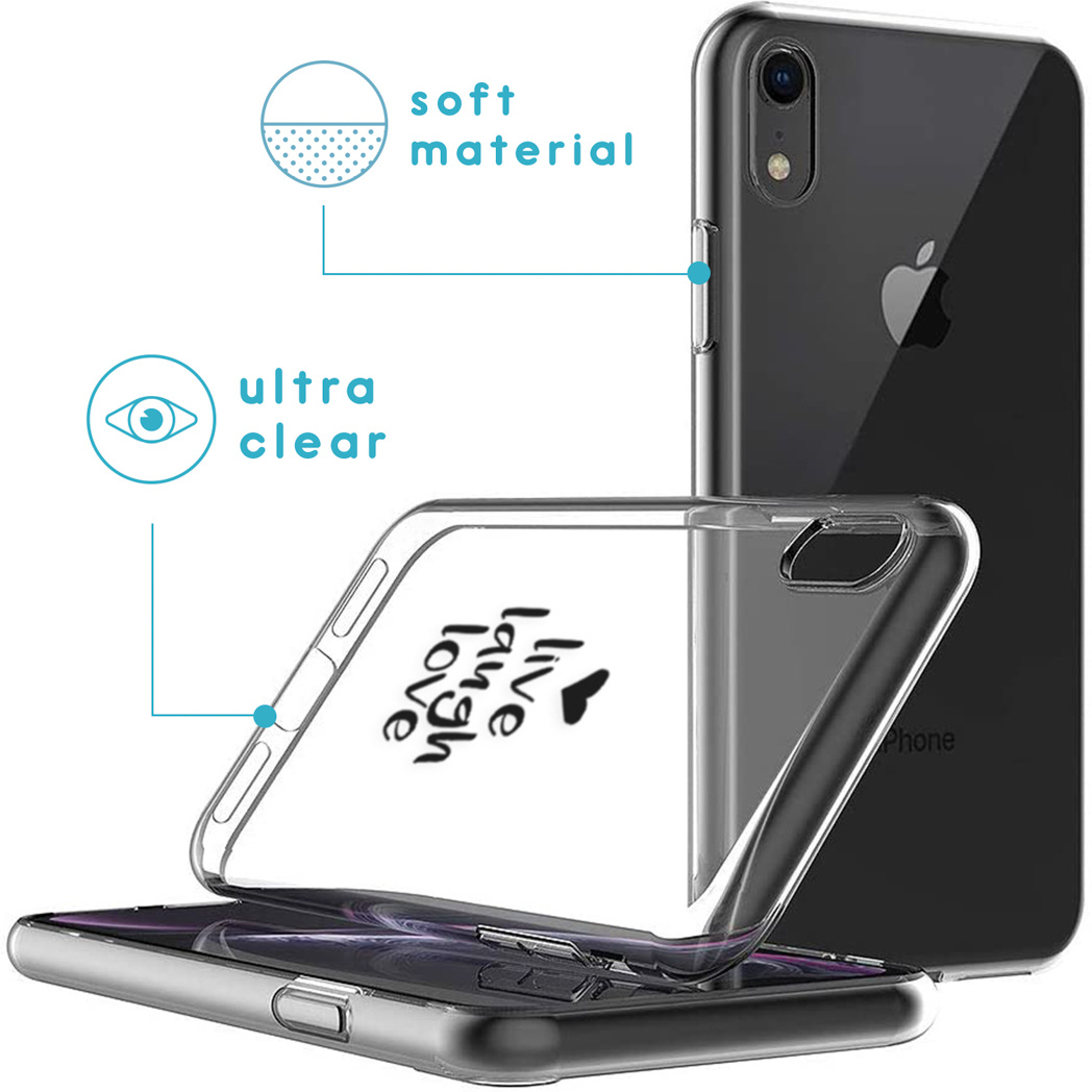 Transparante telefoonhoes met 'Live, Laugh, Love' ontwerp op een telefoon.