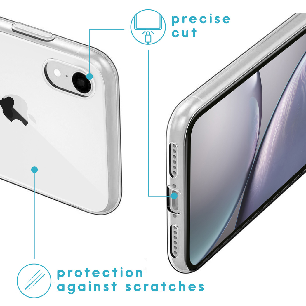 Telefoonhoesje met een telefoon erin. Tekst zegt 'bescherming tegen krassen' en 'precieze snede'.
