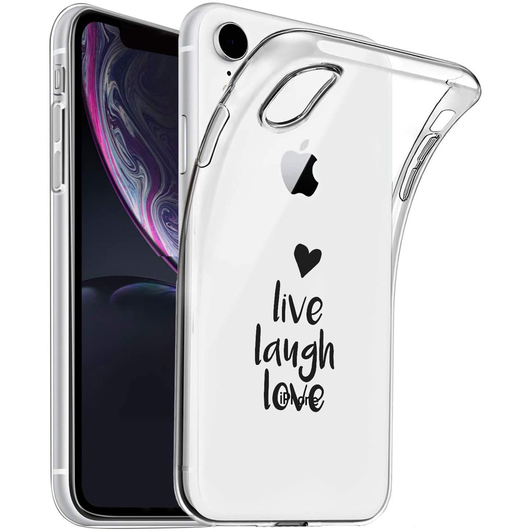Transparante telefoonhoes met zwart hart en tekst op een telefoon.