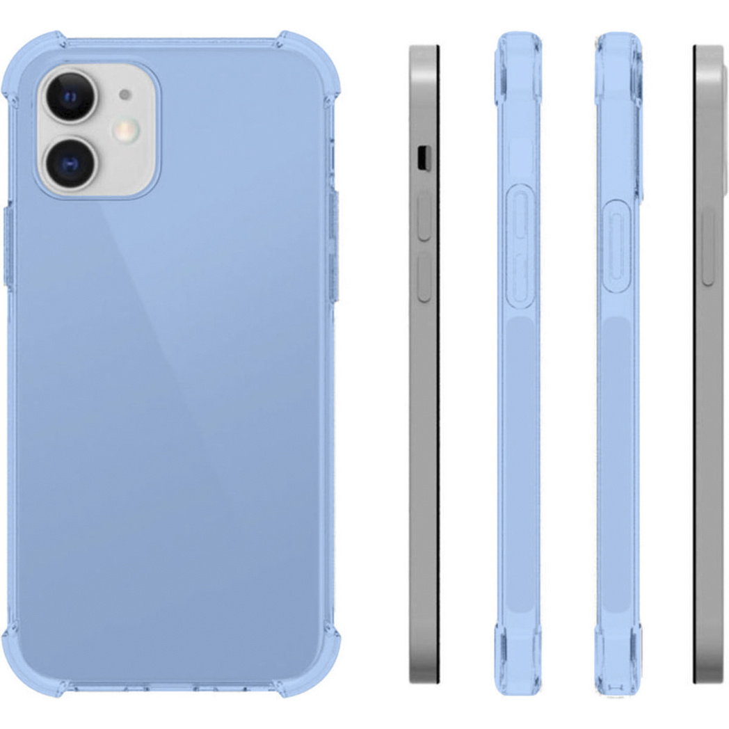 Une coque de téléphone transparente avec un fond bleu sur la gauche et les côtés.