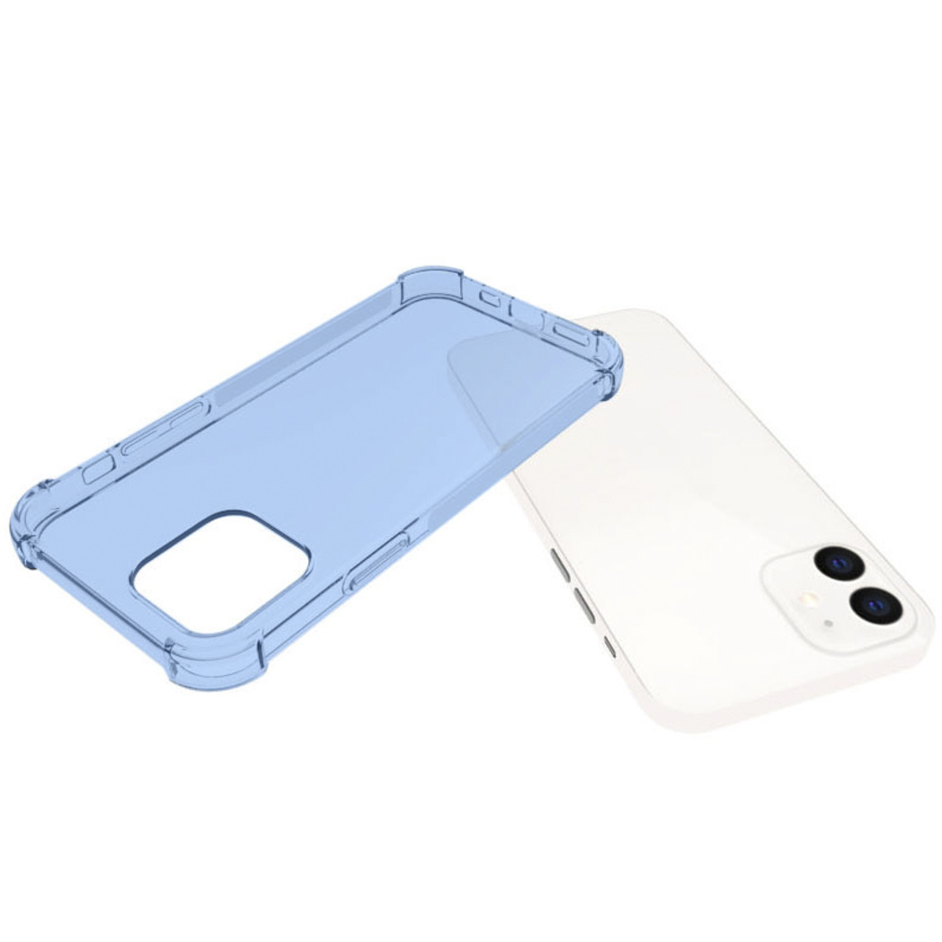 Une coque de téléphone bleu clair et un téléphone blanc sont présentés sur une surface blanche.