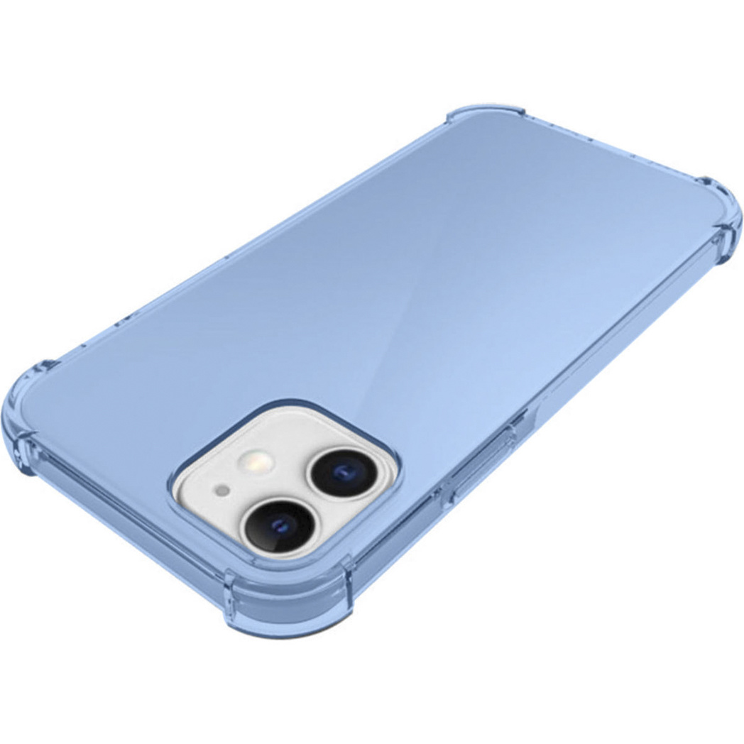 Coque de téléphone bleue transparente. La coque a un cadre de protection sur les bords, conçu pour un téléphone.