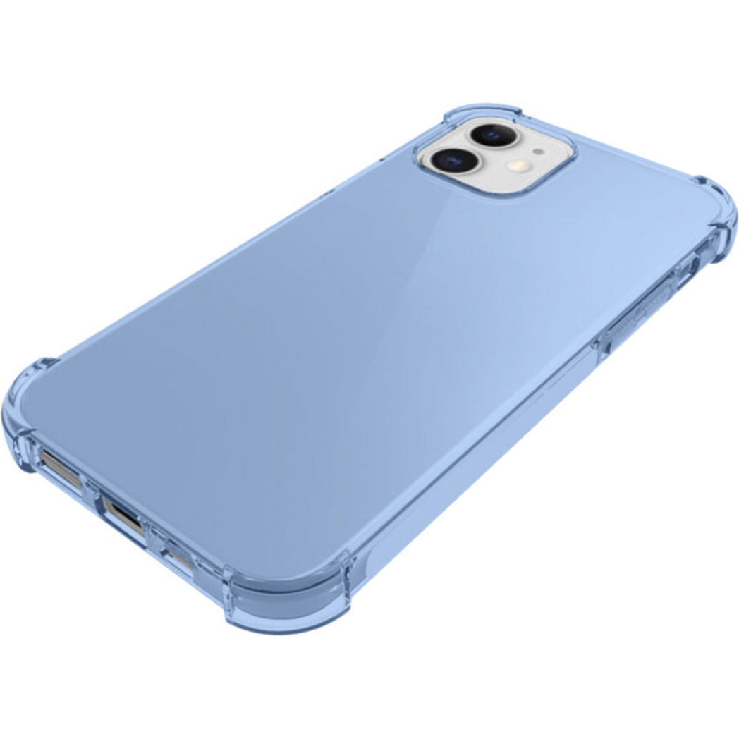 Une coque de téléphone de couleur bleu clair, avec un pare-chocs de protection transparent autour des bords.