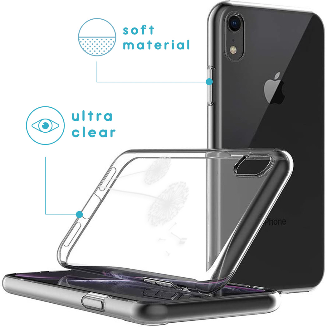Un étui de téléphone transparent avec un téléphone à l'intérieur et du texte sur le matériau.