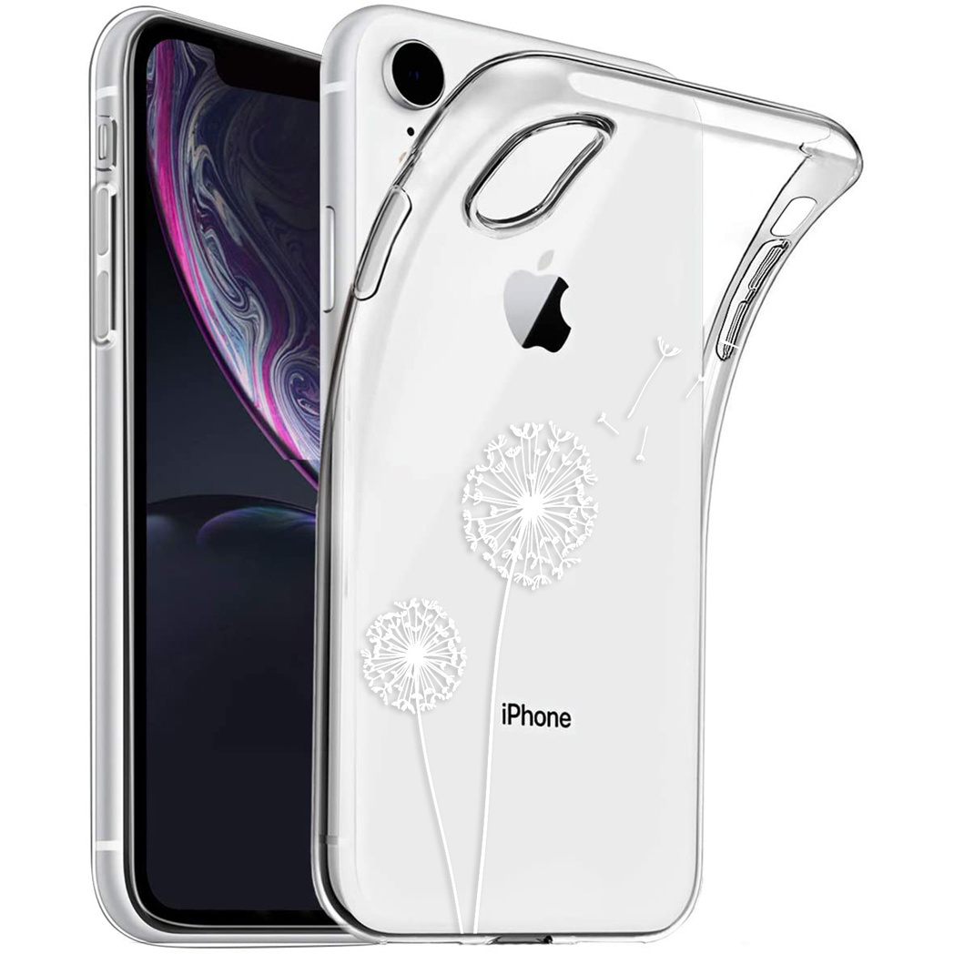 Coque de téléphone transparente sur un iPhone blanc. La coque a un motif de pissenlit. L'écran de l'iPhone affiche une image violette.