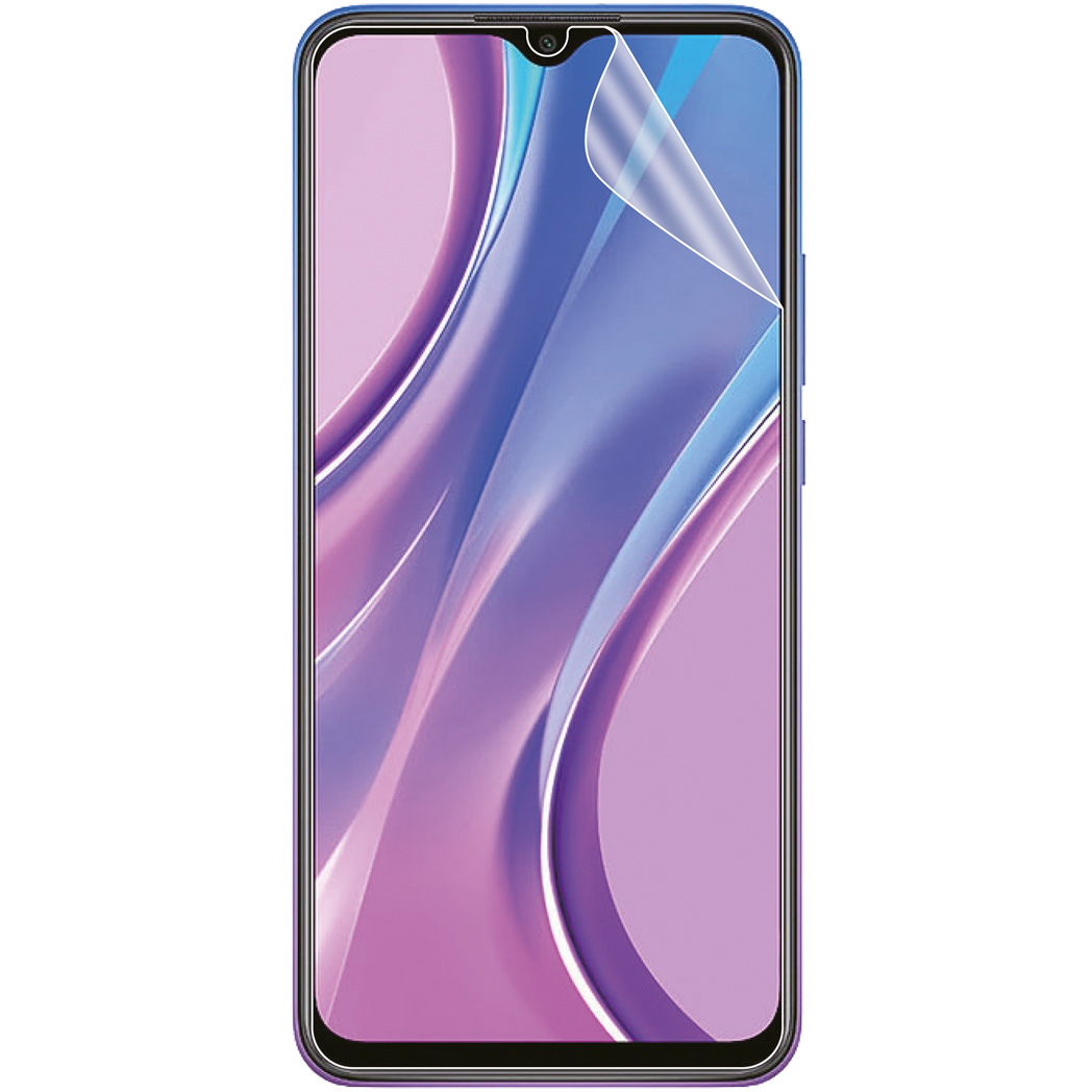 Een telefoon met een schermbeschermer die eraf wordt gehaald. De telefoon is blauw met verloop.
