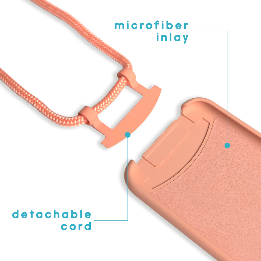 Perzikkleurige telefoonhoes met een afneembaar koord. Het heeft een microvezel inleg voor het koord.