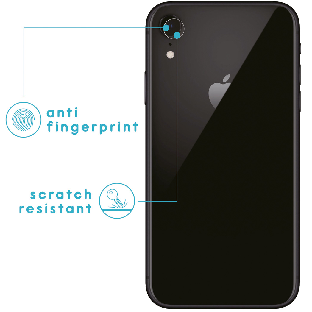 Téléphone noir avec anti-traces de doigts et résistant aux rayures. Logo Apple visible.