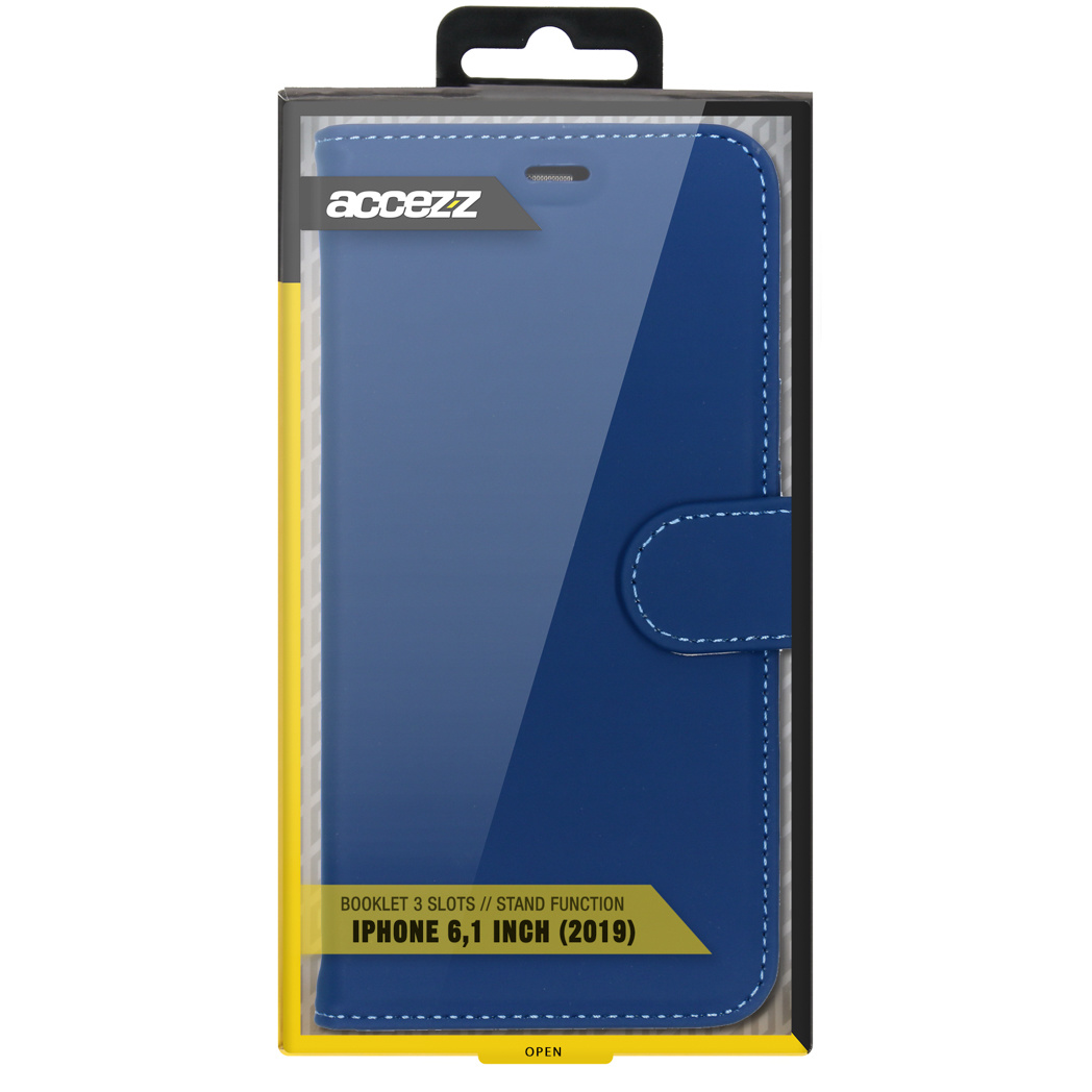 Blauw leren telefoonhoesje in een doos, met een magnetische sluiting.
