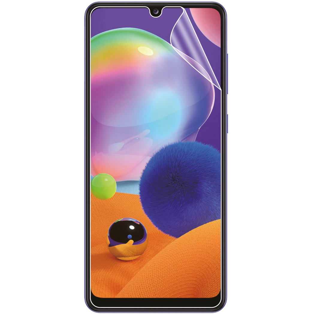 Un téléphone avec un protecteur d'écran appliqué. Fond coloré. Le téléphone est droit.