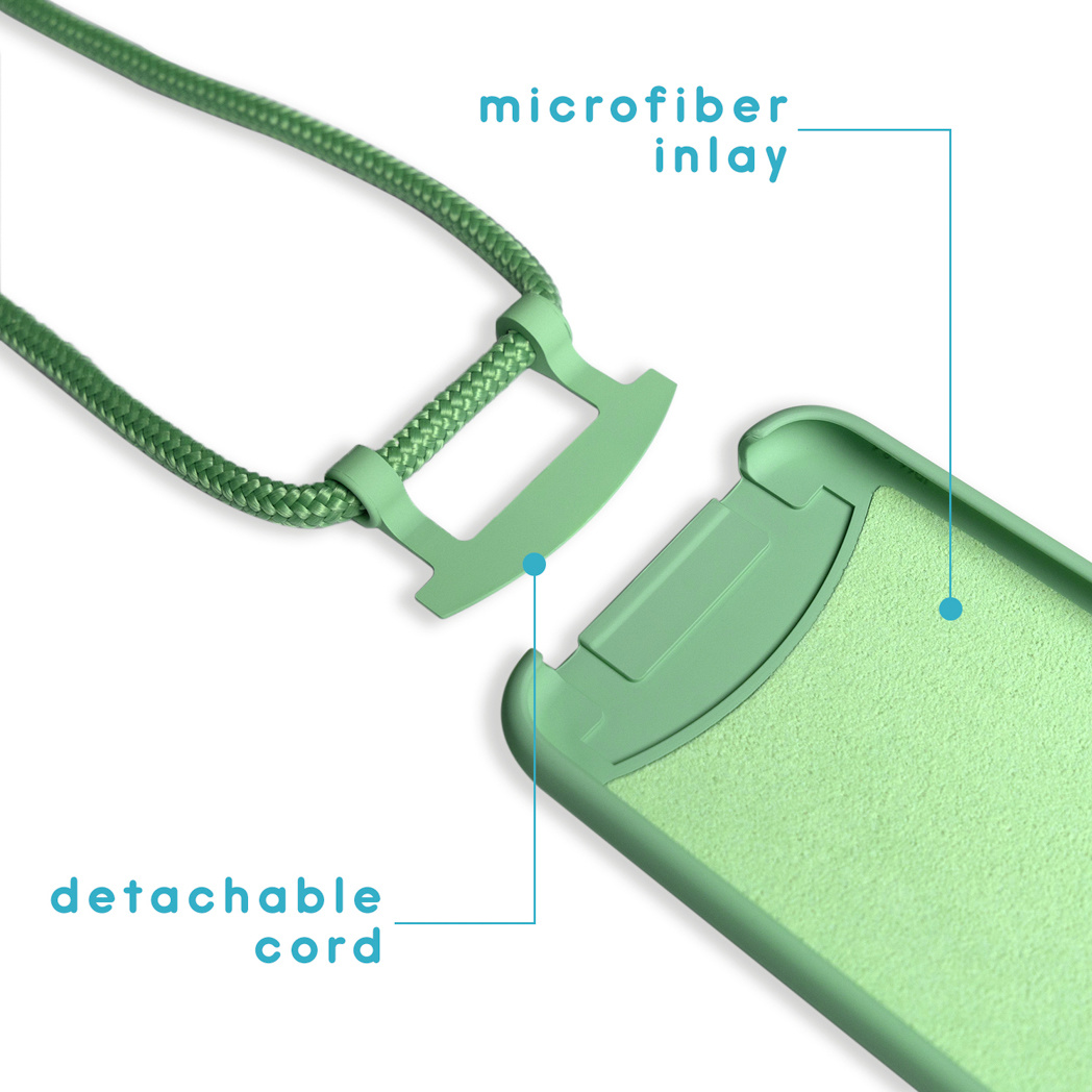 Groene telefoonhoes met koord. Hoes heeft een microvezel inlay en een afneembaar groen koord. Close-up.