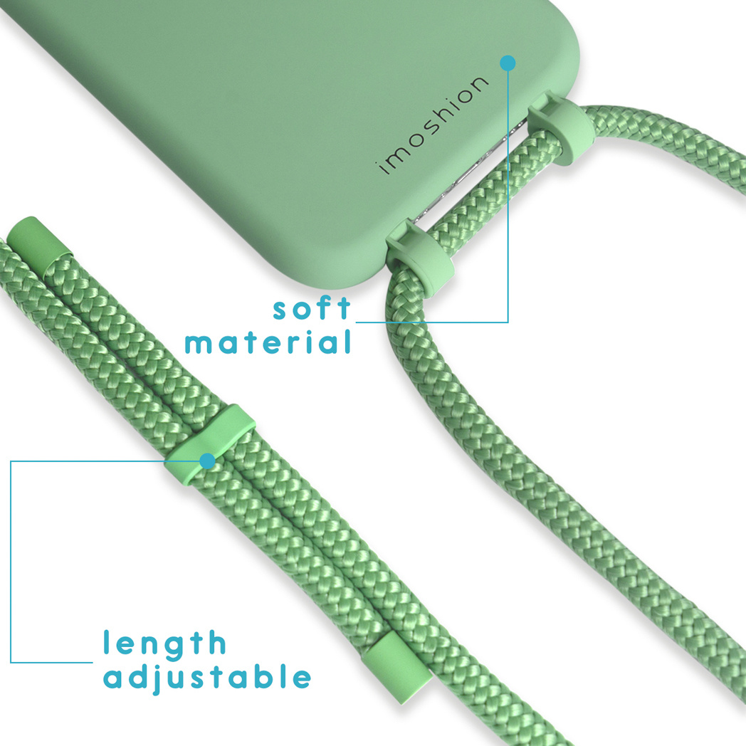 Groene telefoonhoes met een groen geweven koord. De woorden "zacht materiaal" en "lengte verstelbaar" zijn gelabeld.